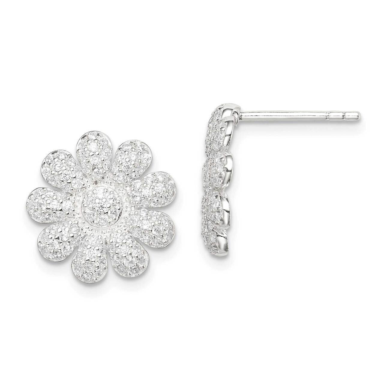 Flower Post Earrings Sterling Silver CZ Diamond QE14609, MPN: QE14609, 886774022949