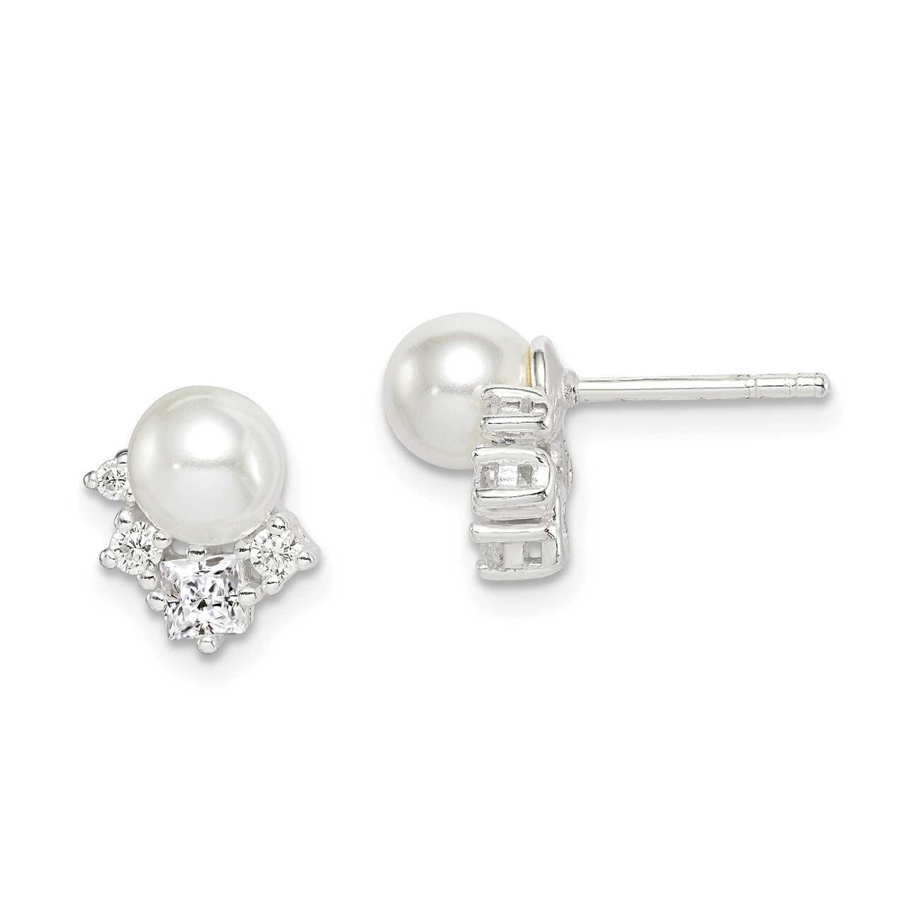 Glass Pearl Post Earrings Sterling Silver CZ Diamond QE14715, MPN: QE14715, 883957956169