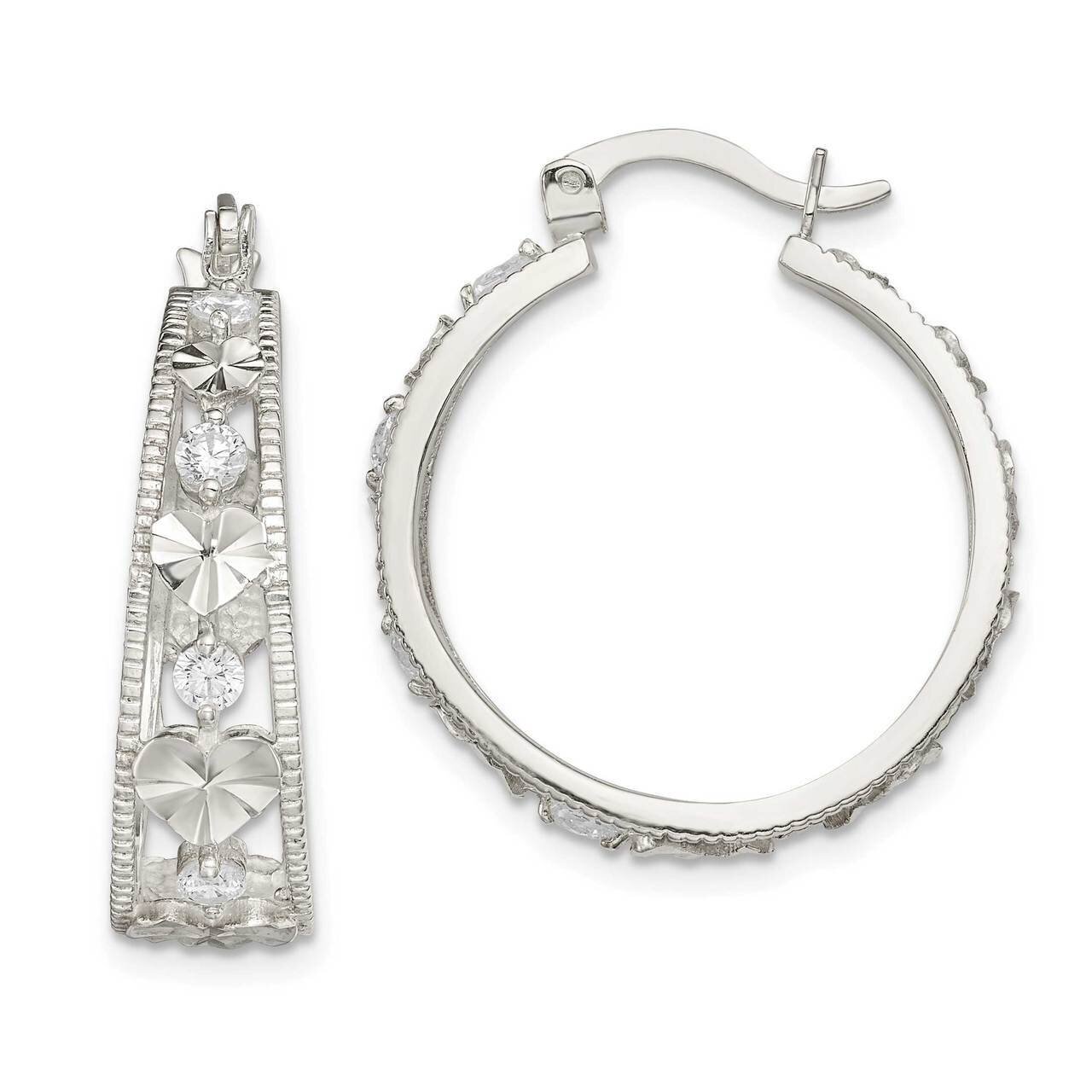 Diamond-cut Heart Hoop Earrings Sterling Silver CZ QE14834, MPN: QE14834, 886774034393