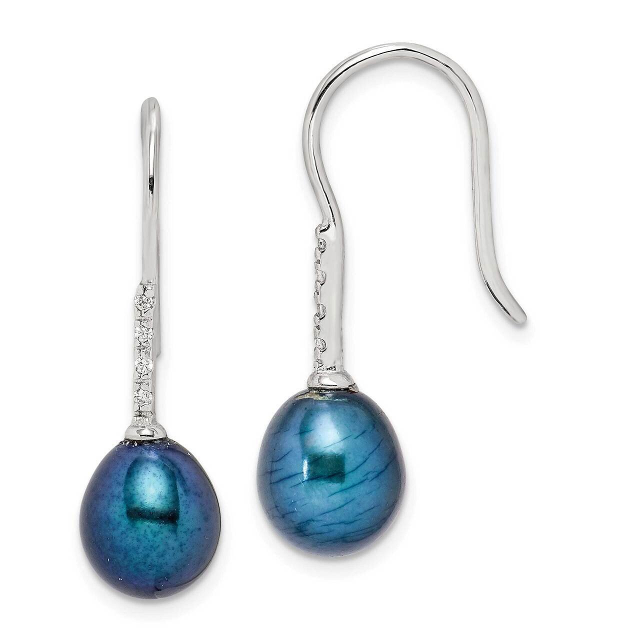 7-8mm Black Freshwater Cultured Pearl Dangle Earrings Sterling Silver CZ Diamond QE14983, MPN: QE14…