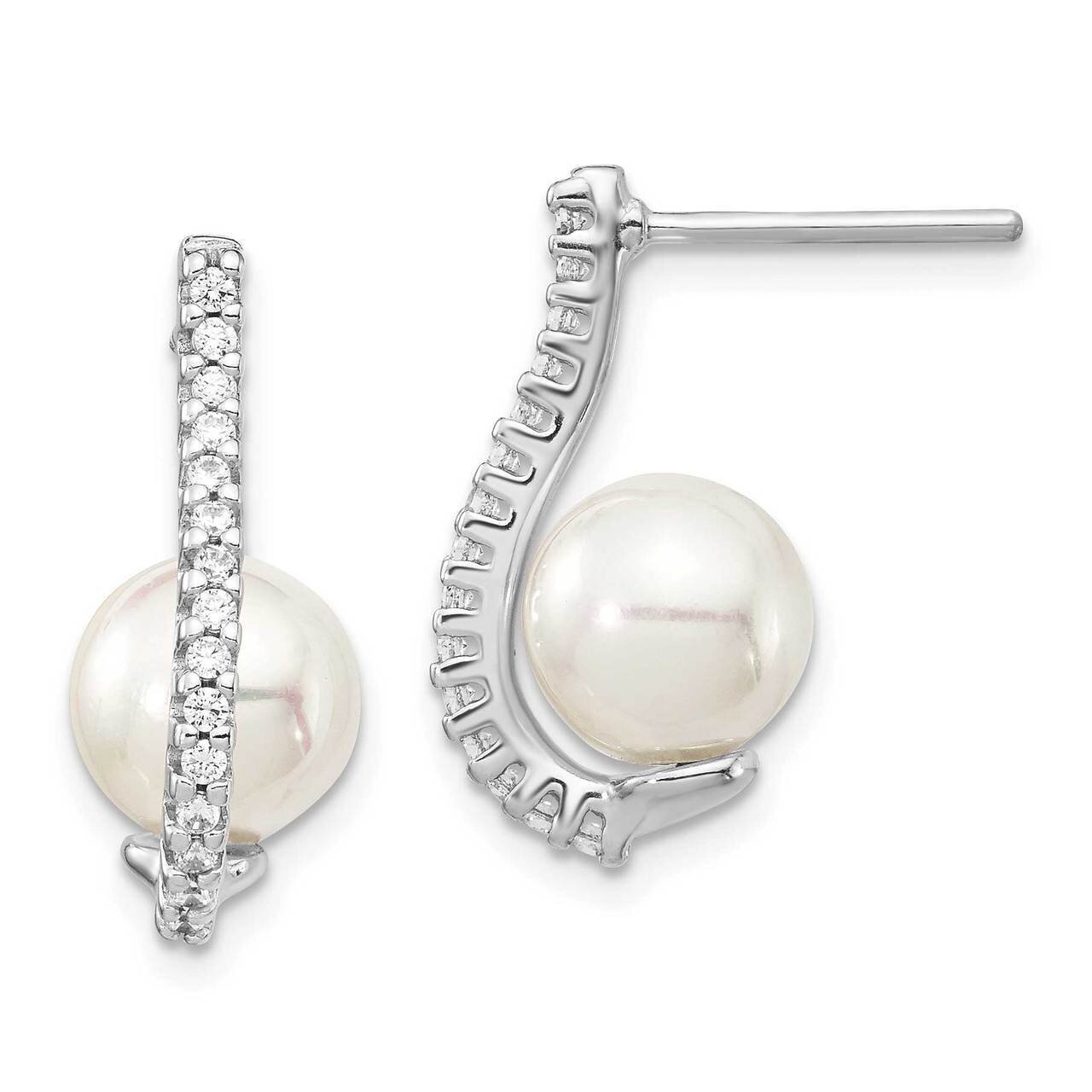 Plated CZ Diamond &amp; Imitation Shell Pearl Earrings Sterling Silver Rhodium-plated QE14991, MPN: QE1…