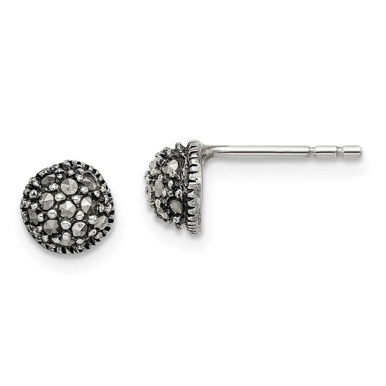 Marcasite 6mm Button Post Earrings Sterling Silver Antiqued QE15053