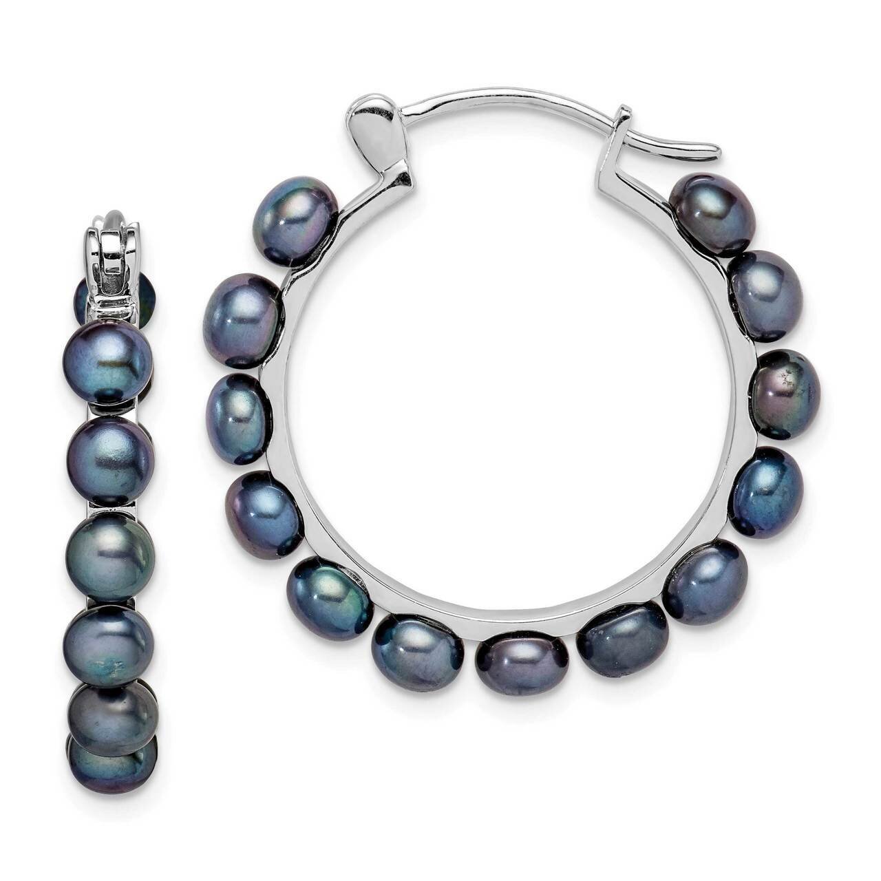 4-5mm Black Freshwater Cultured Pearl Hoop Earrings Sterling Silver Rhodium Plated QE15119, MPN: QE…