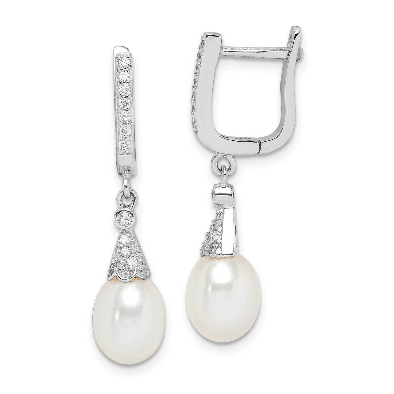 7-8mm White Rice Freshwater Cultured Pearl CZ Diamond Earrings Sterling Silver Rhodium Plated QE15200