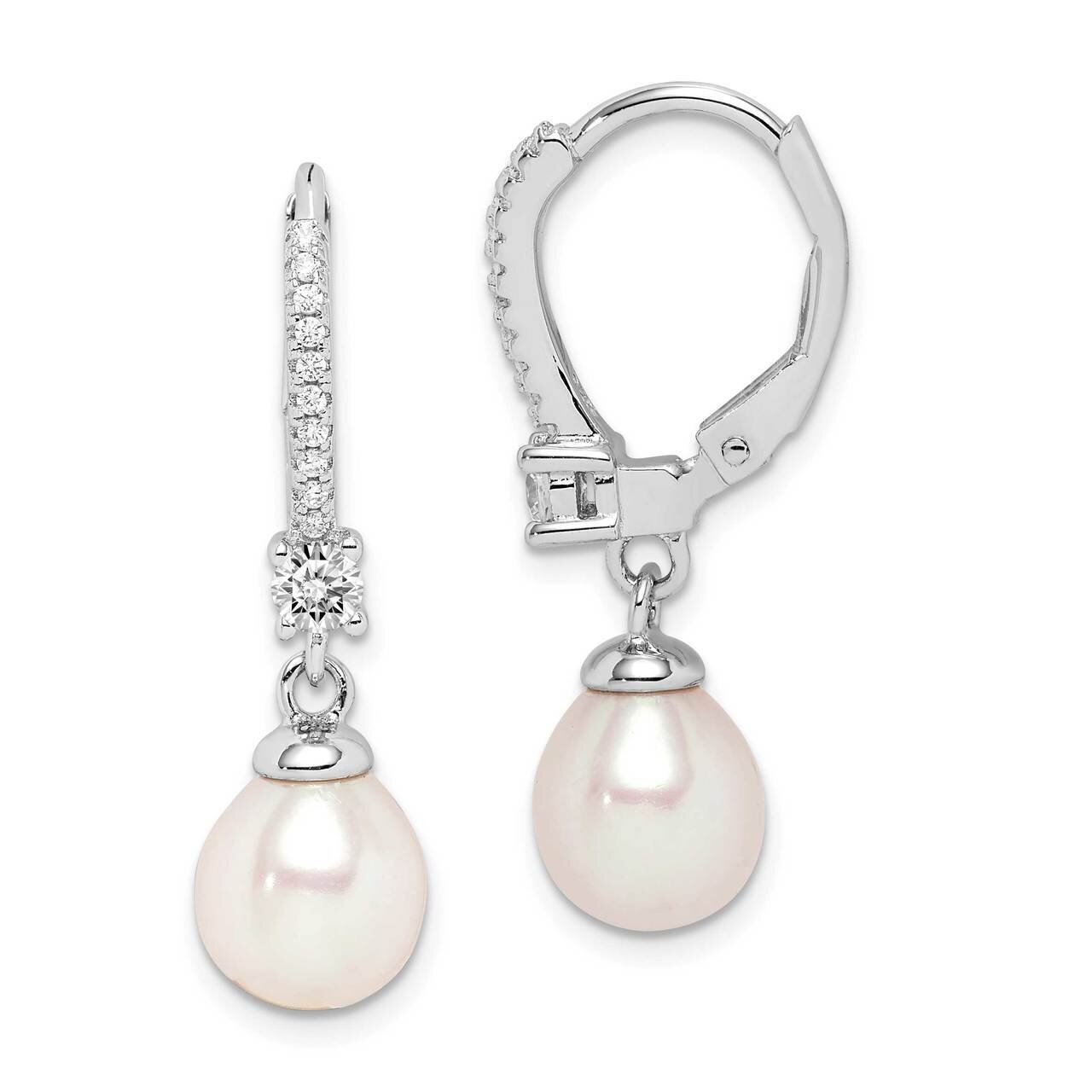 7-8mm White Rice Freshwater Cultured Pearl CZ Diamond Earrings Sterling Silver Rhodium Plated QE15201