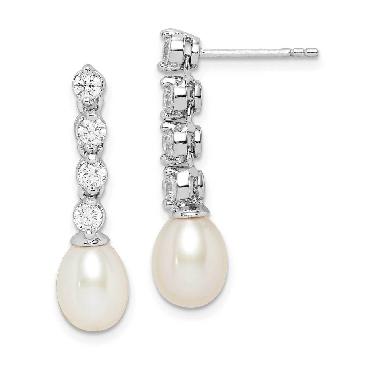 7-8mm White Rice Freshwater Cultured Pearl CZ Diamond Earrings Sterling Silver Rhodium Plated QE152…