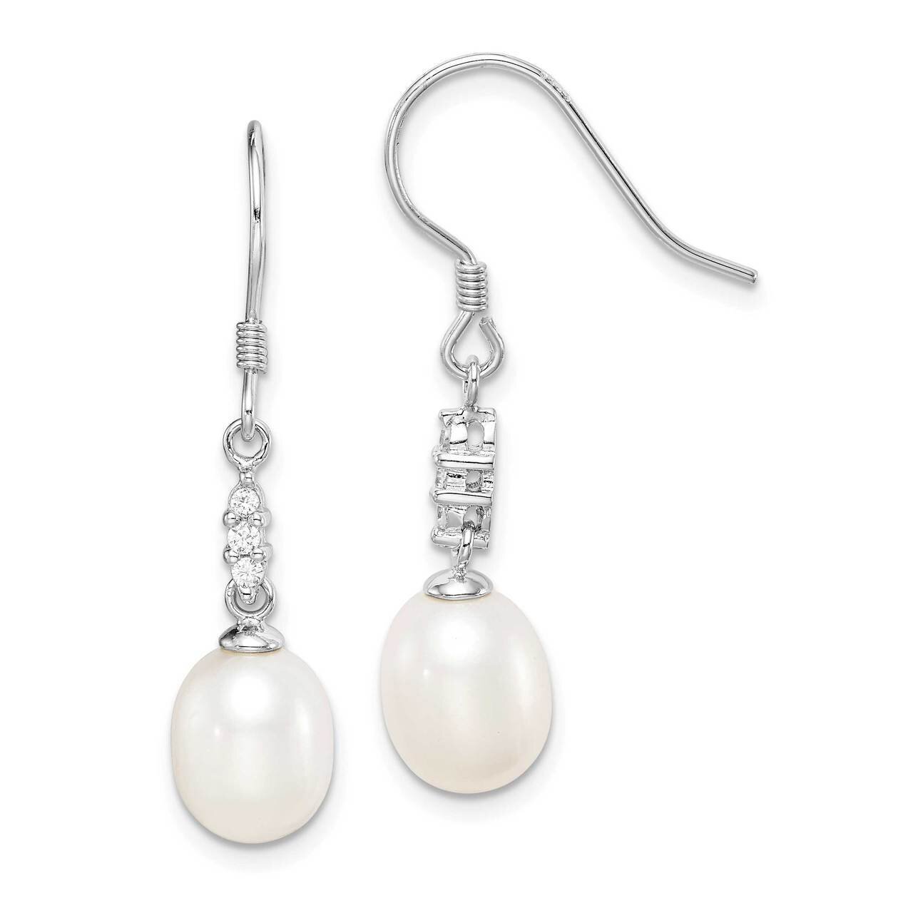 7-8mm White Rice Freshwater Cultured Pearl CZ Diamond Earrings Sterling Silver Rhodium Plated QE152…