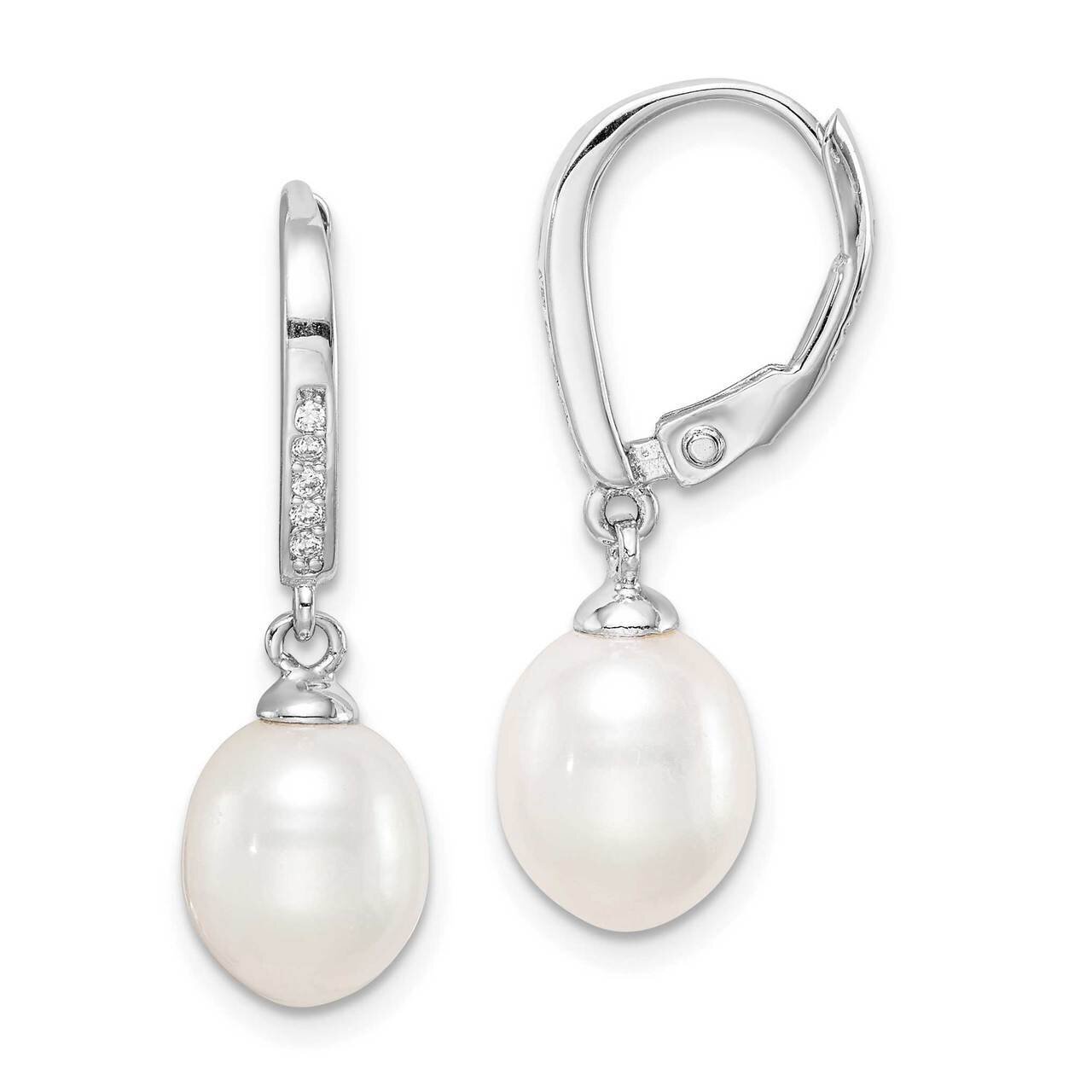 7-8mm White Rice Freshwater Cultured Pearl CZ Diamond Earrings Sterling Silver Rhodium Plated QE152…