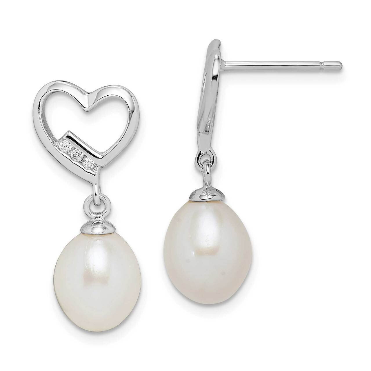 7-8mm White Rice Freshwater Cultured Pearl CZ Diamond Earrings Sterling Silver Rhodium Plated QE15206