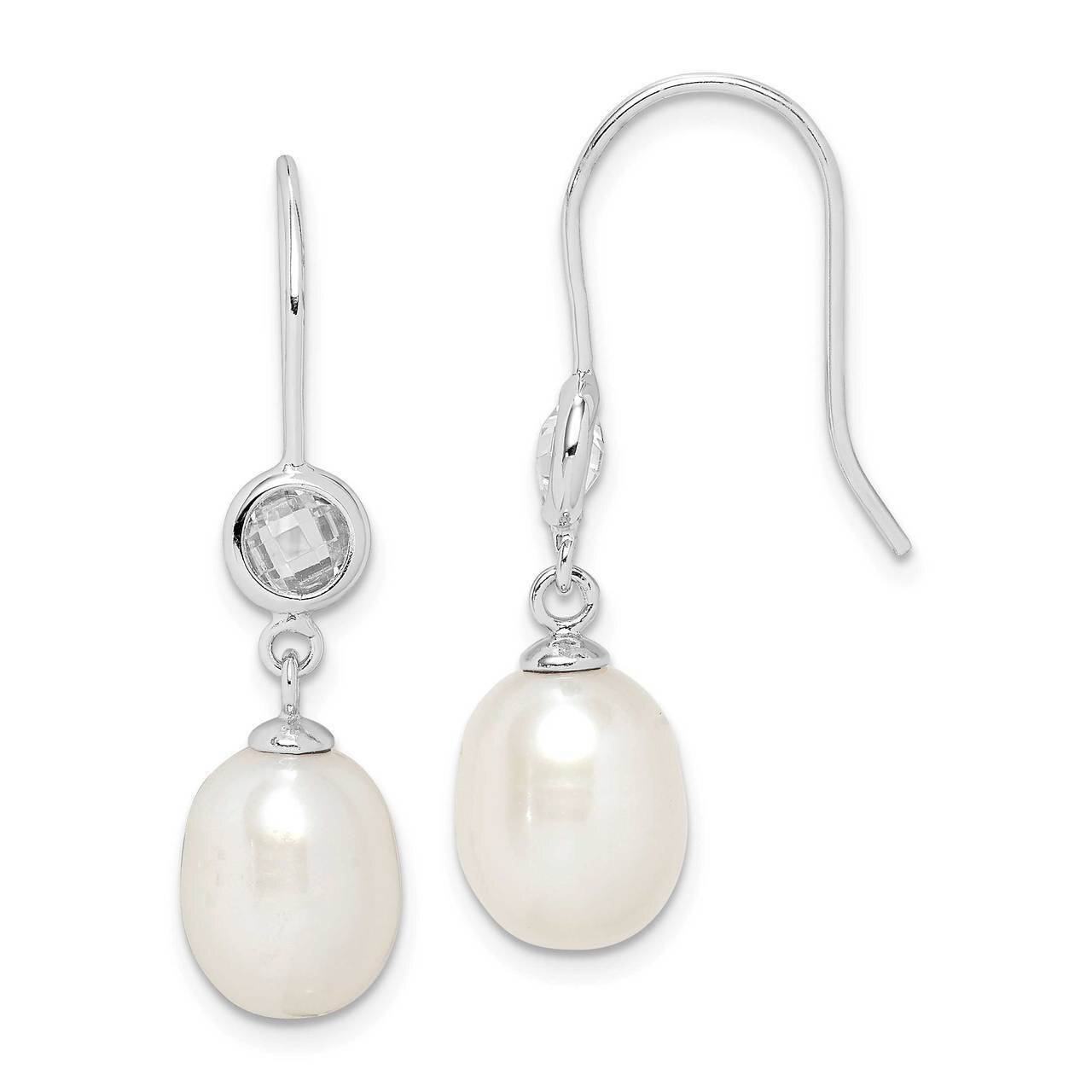 7-8mm White Rice Freshwater Cultured Pearl CZ Diamond Earrings Sterling Silver Rhodium Plated QE152…