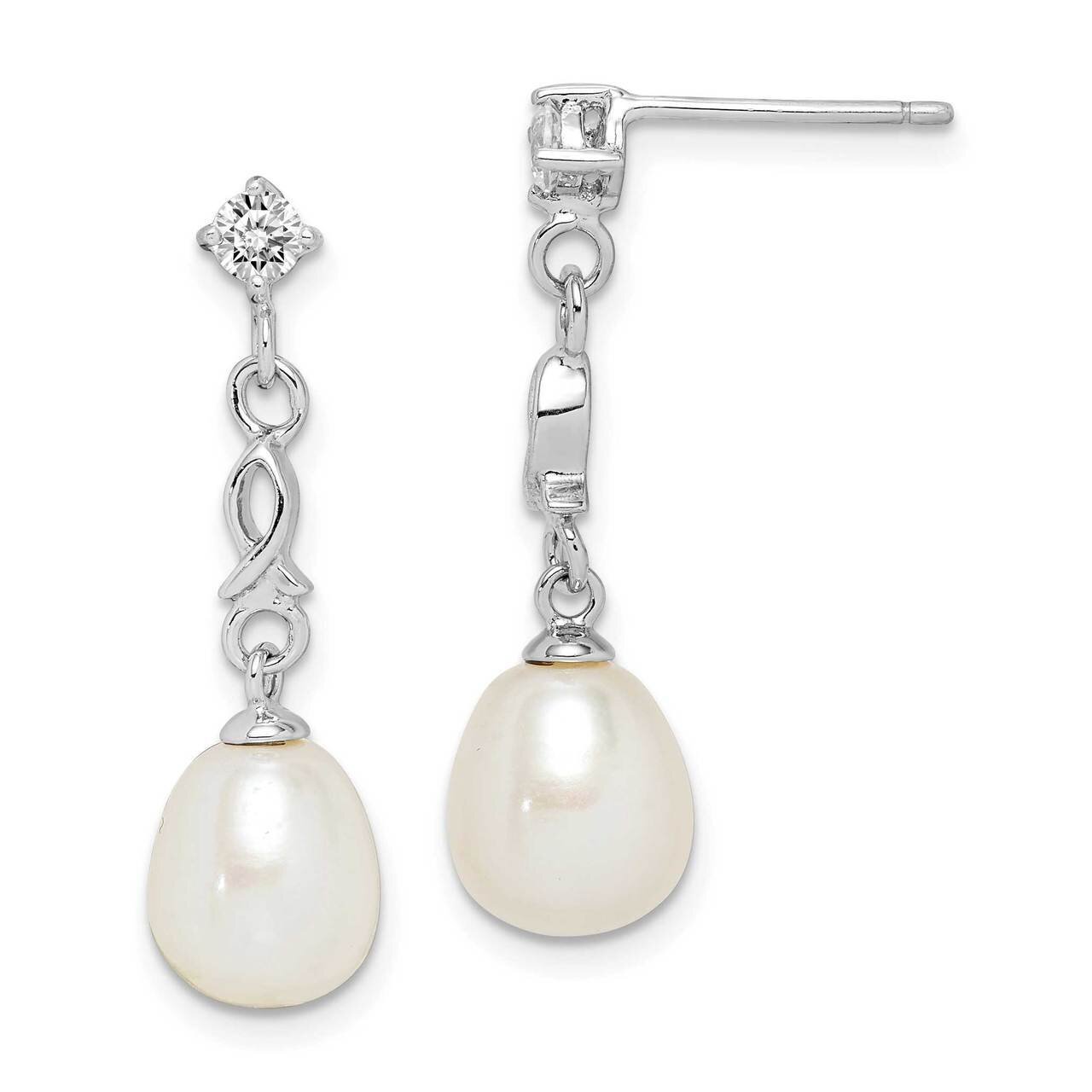 7-8mm White Rice Freshwater Cultured Pearl CZ Diamond Earrings Sterling Silver Rhodium Plated QE152…