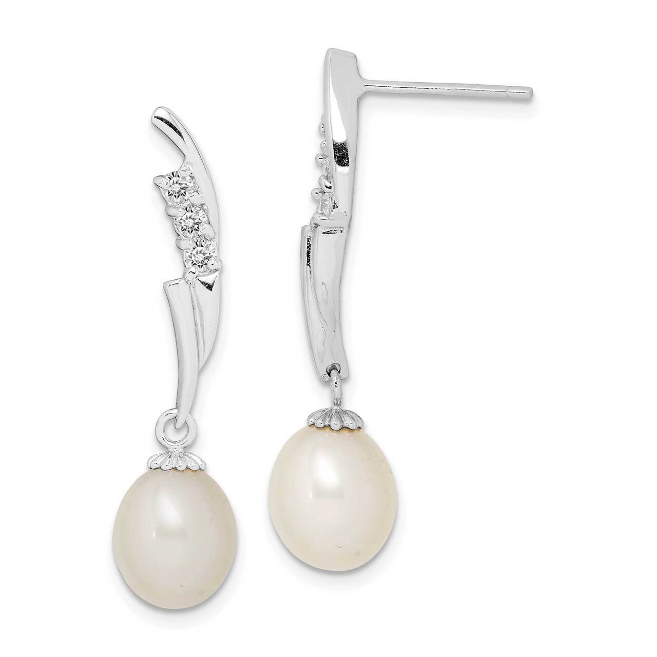 7-8mm White Rice Freshwater Cultured Pearl CZ Diamond Earrings Sterling Silver Rhodium Plated QE152…