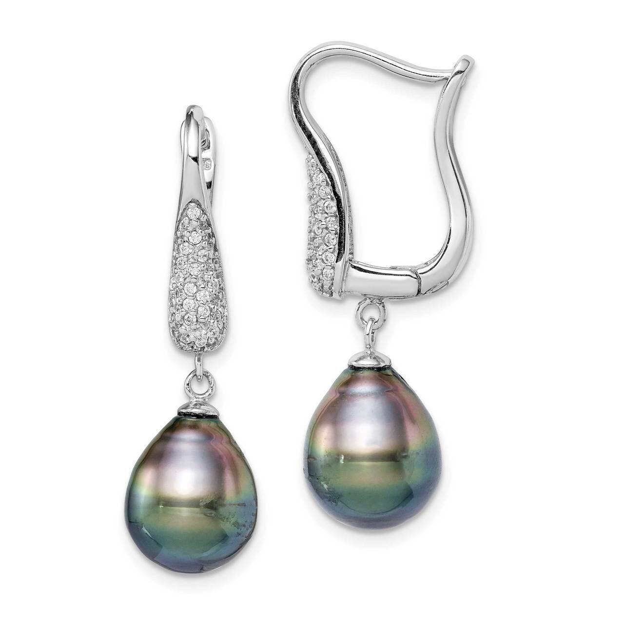 9-10mm Tahitian Drop Pearl CZ Diamond Earrings Sterling Silver Rhodium Plated QE15214