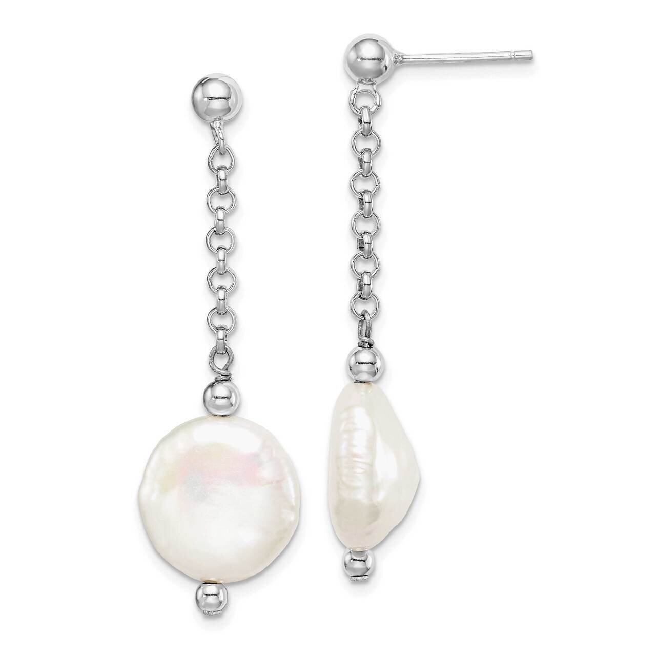 12-13 Coin Freshwater Cultured Pearl Dangle Earrings Sterling Silver Rhodium Plated QE15215