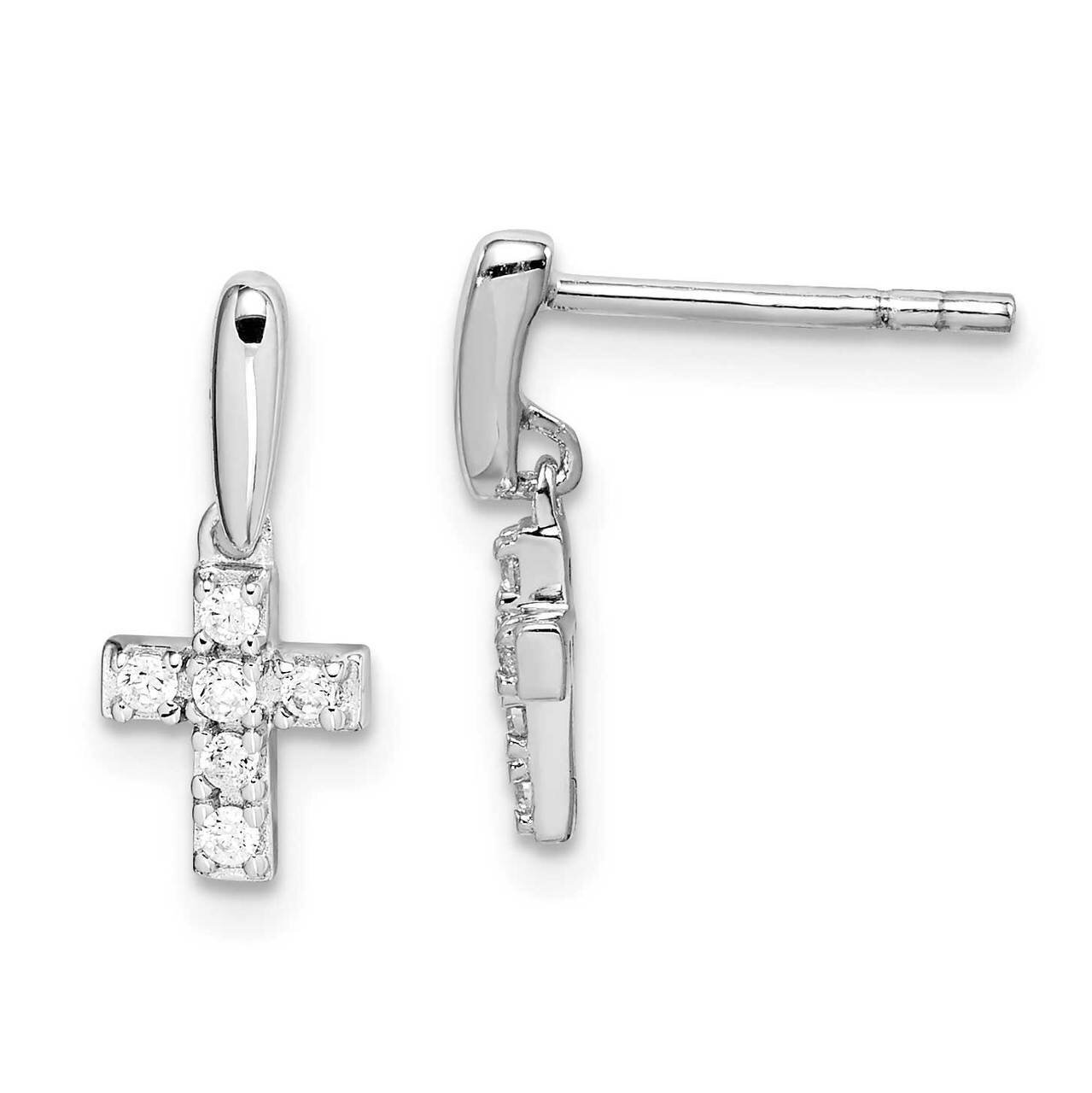 Tiny CZ Diamond Cross Dangle Post Earrings Sterling Silver Rhodium-plated QE15231