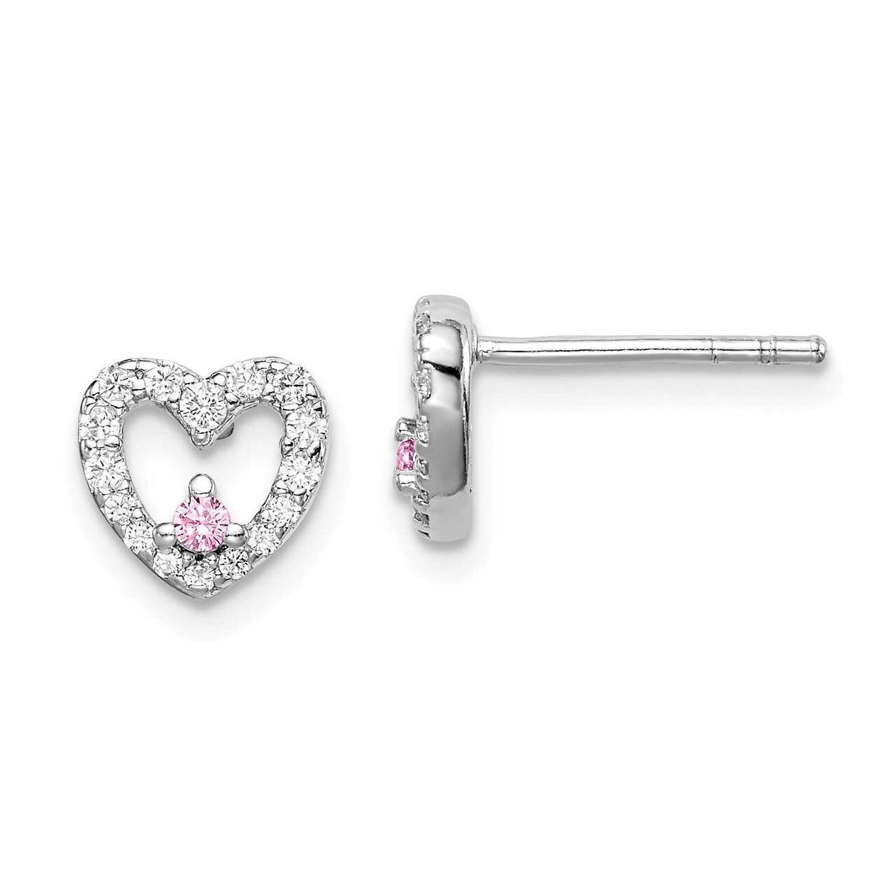 Pink & Clear CZ Diamond Heart Post Earrings Sterling Silver Rhodium Plated QE15235