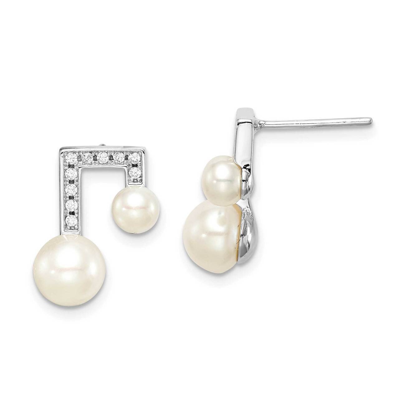 6-7mm White Button Freshwater Cultured Pearl CZ Diamond Earrings Sterling Silver Rhodium Plated QE15257