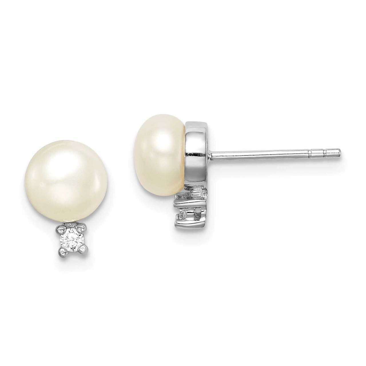 6-7mm White Button Freshwater Cultured Pearl CZ Diamond Earrings Sterling Silver Rhodium Plated QE15258