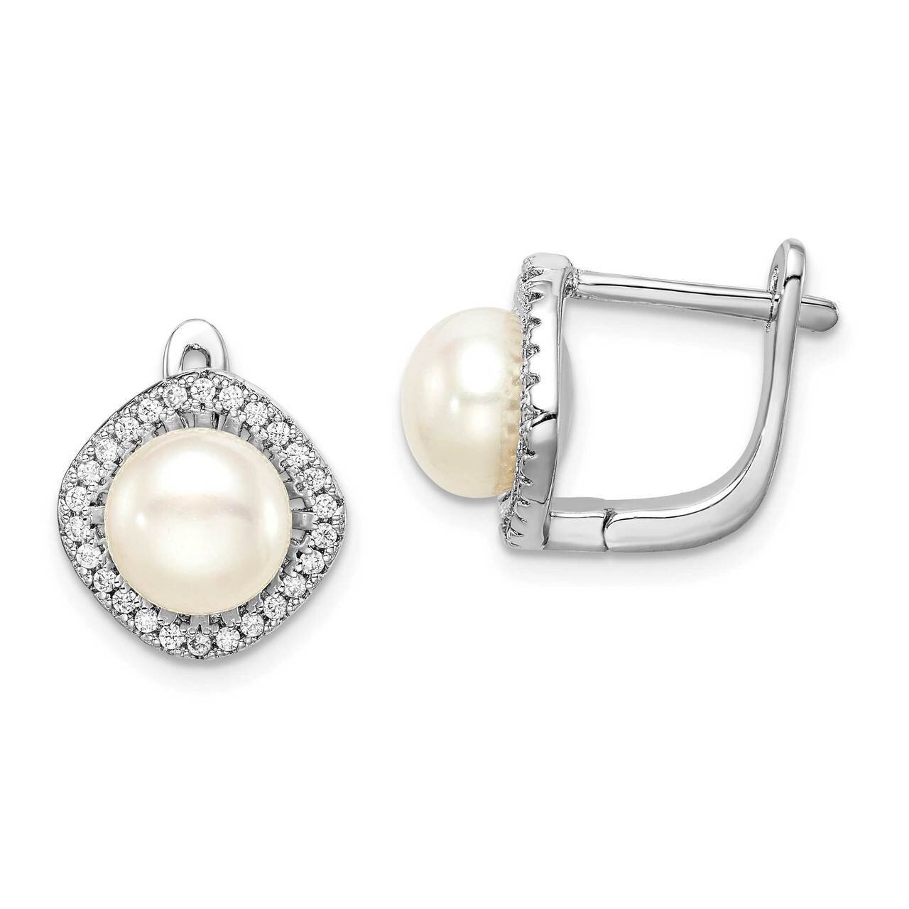 7-8mm White Button Freshwater Cultured Pearl CZ Diamond Earrings Sterling Silver Rhodium Plated QE15261
