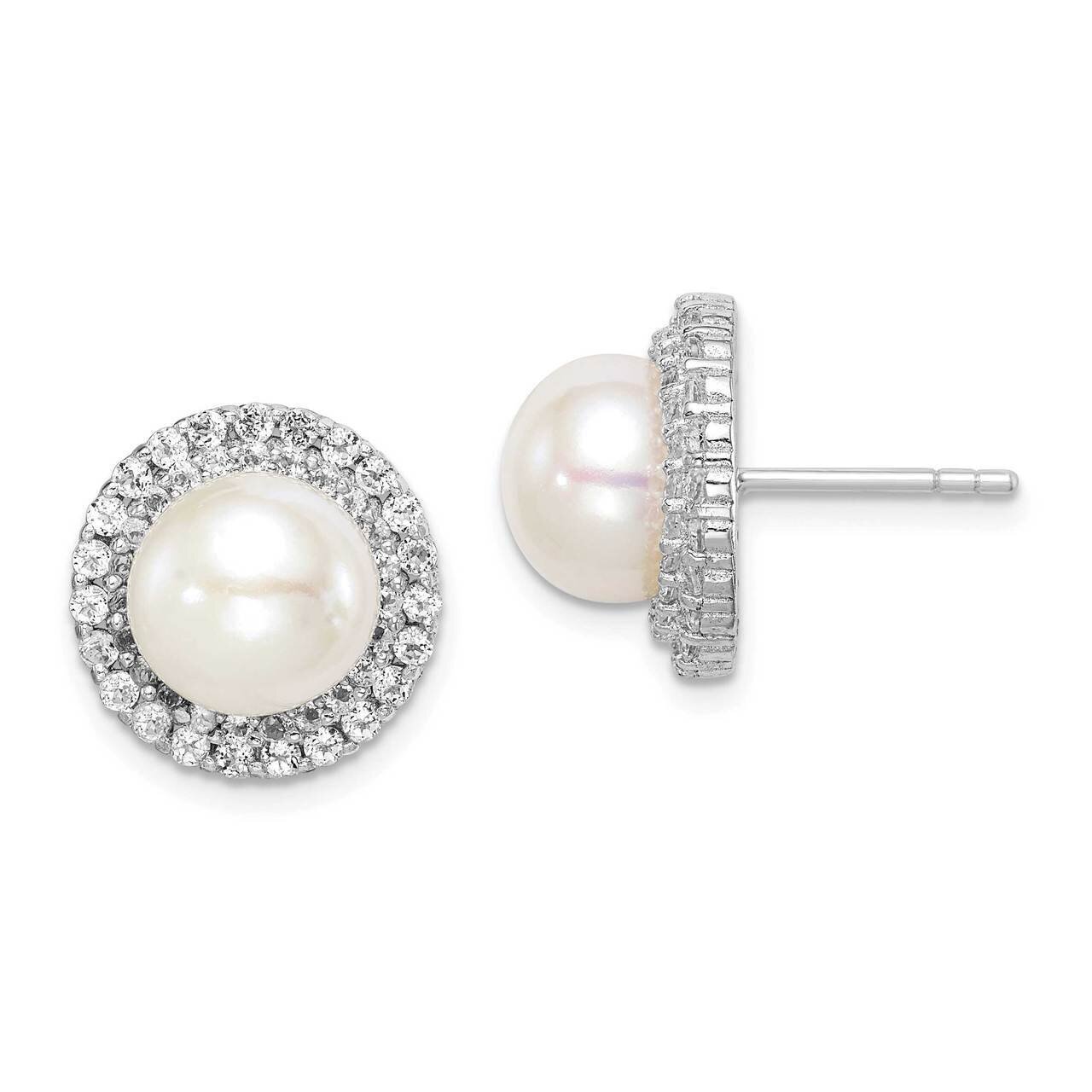 8-9mm White Button Freshwater Cultured Pearl CZ Diamond Earrings Sterling Silver Rhodium Plated QE15263