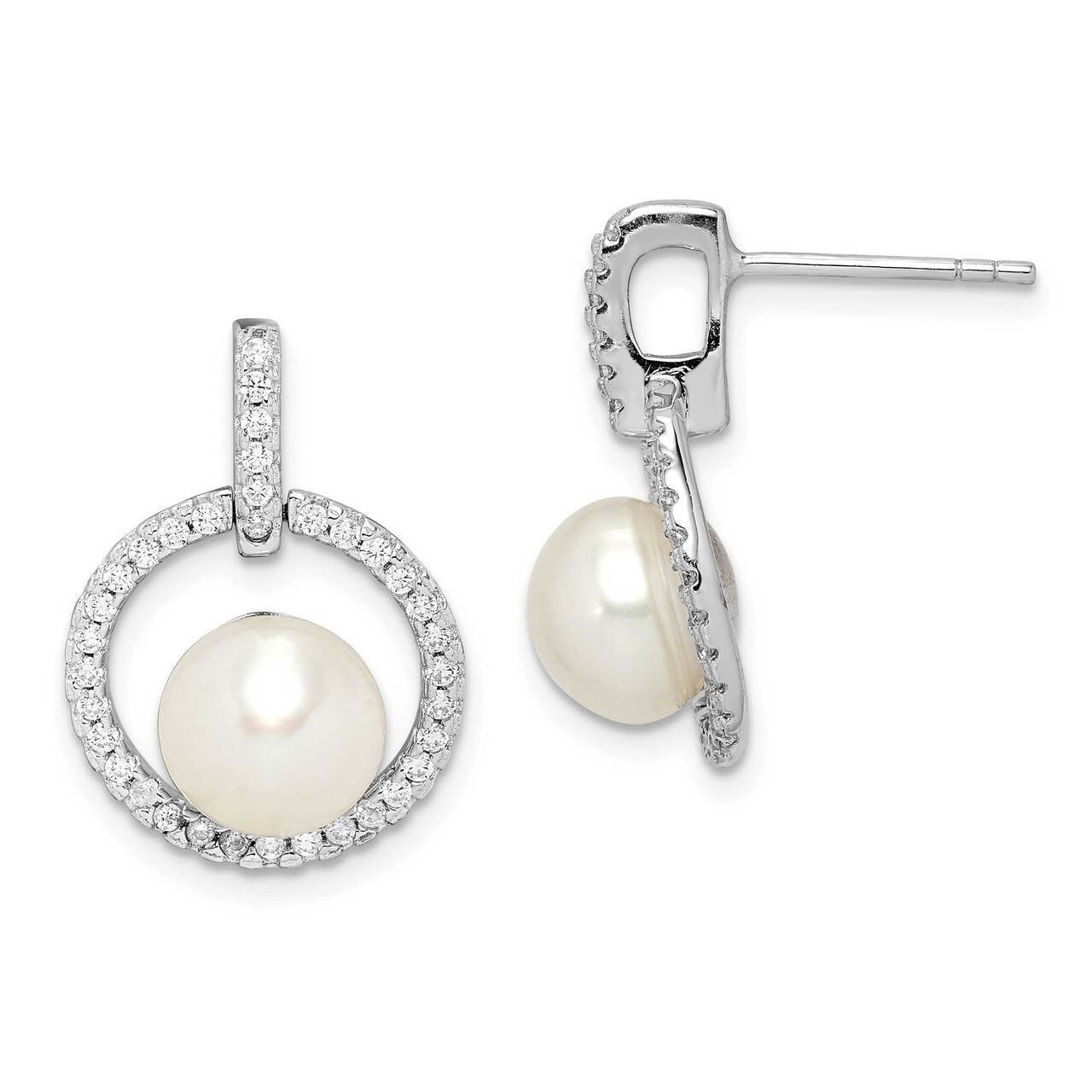 8-9mm White Button Freshwater Cultured Pearl CZ Diamond Earrings Sterling Silver Rhodium Plated QE15264