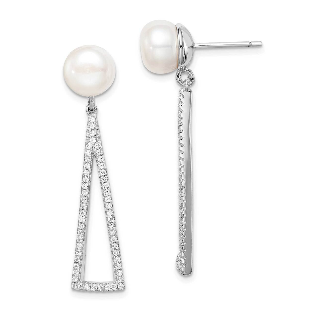 8-9mm White Button Freshwater Cultured Pearl CZ Diamond Earrings Sterling Silver Rhodium Plated QE15265