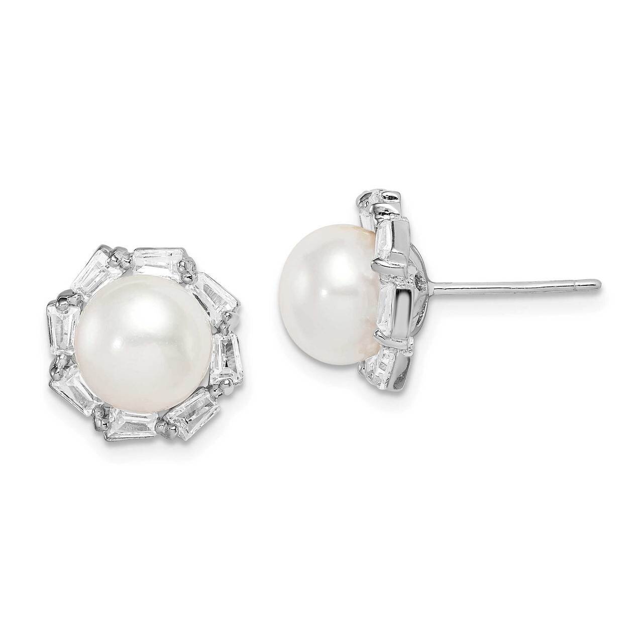 8-9mm White Button Freshwater Cultured Pearl CZ Diamond Earrings Sterling Silver Rhodium Plated QE15267