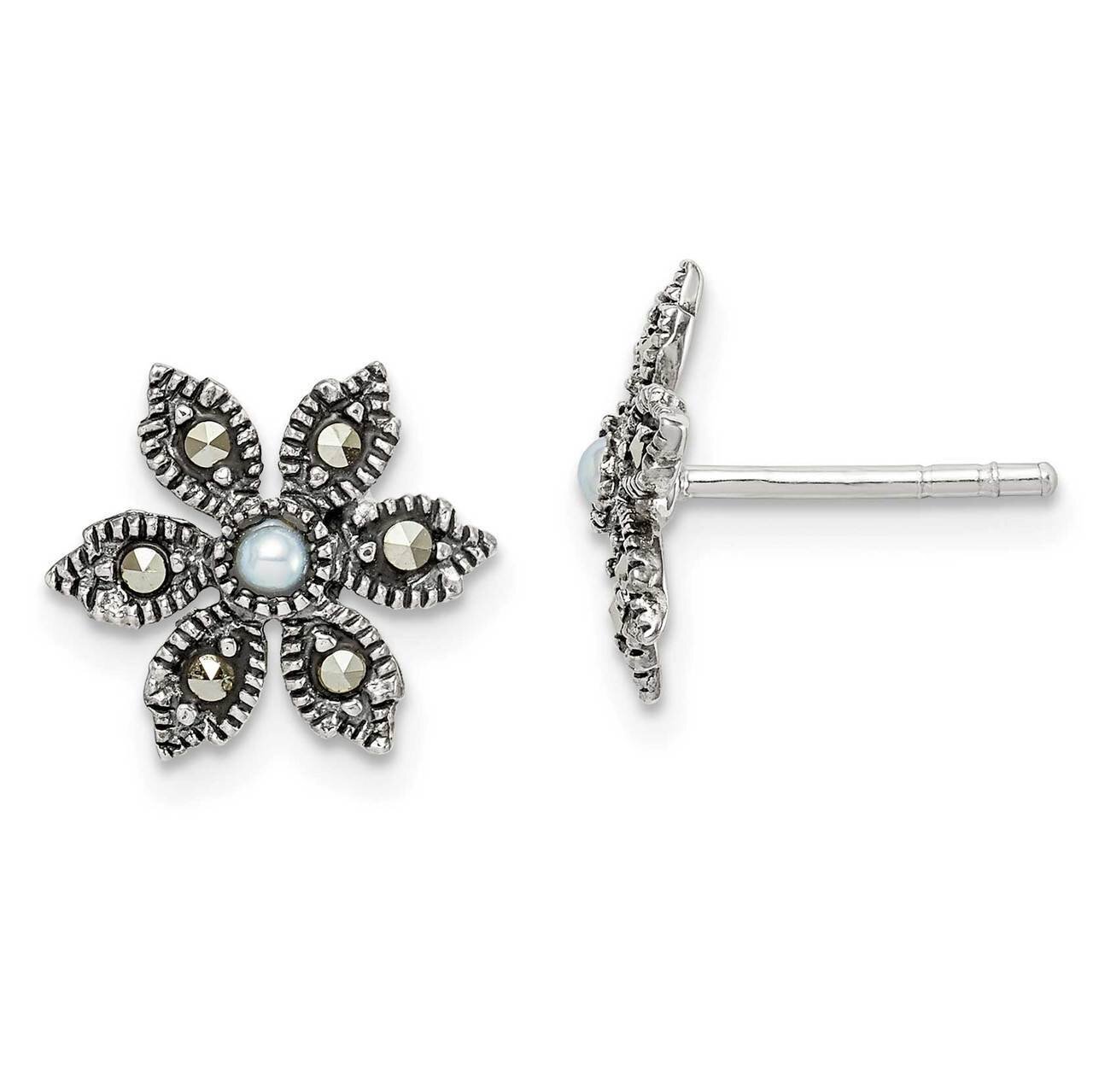 Marcasite &amp; Freshwater Cultured Pearl Flower Post Earrings Sterling Silver Antiqued QE15268, MPN: Q…