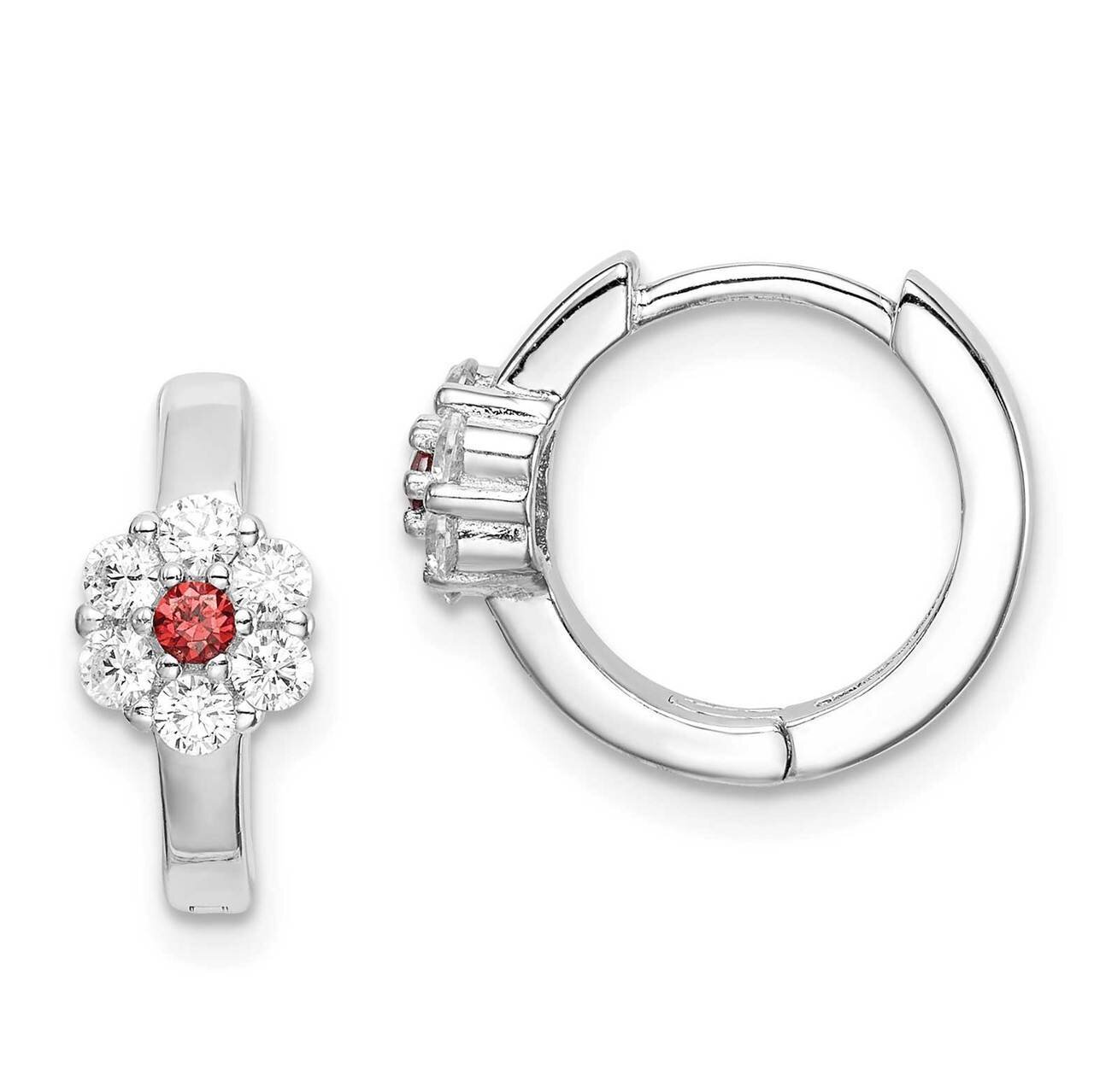Red &amp; White CZ Diamond Flower Hoop Earrings Sterling Silver Rhodium-plated QE15291