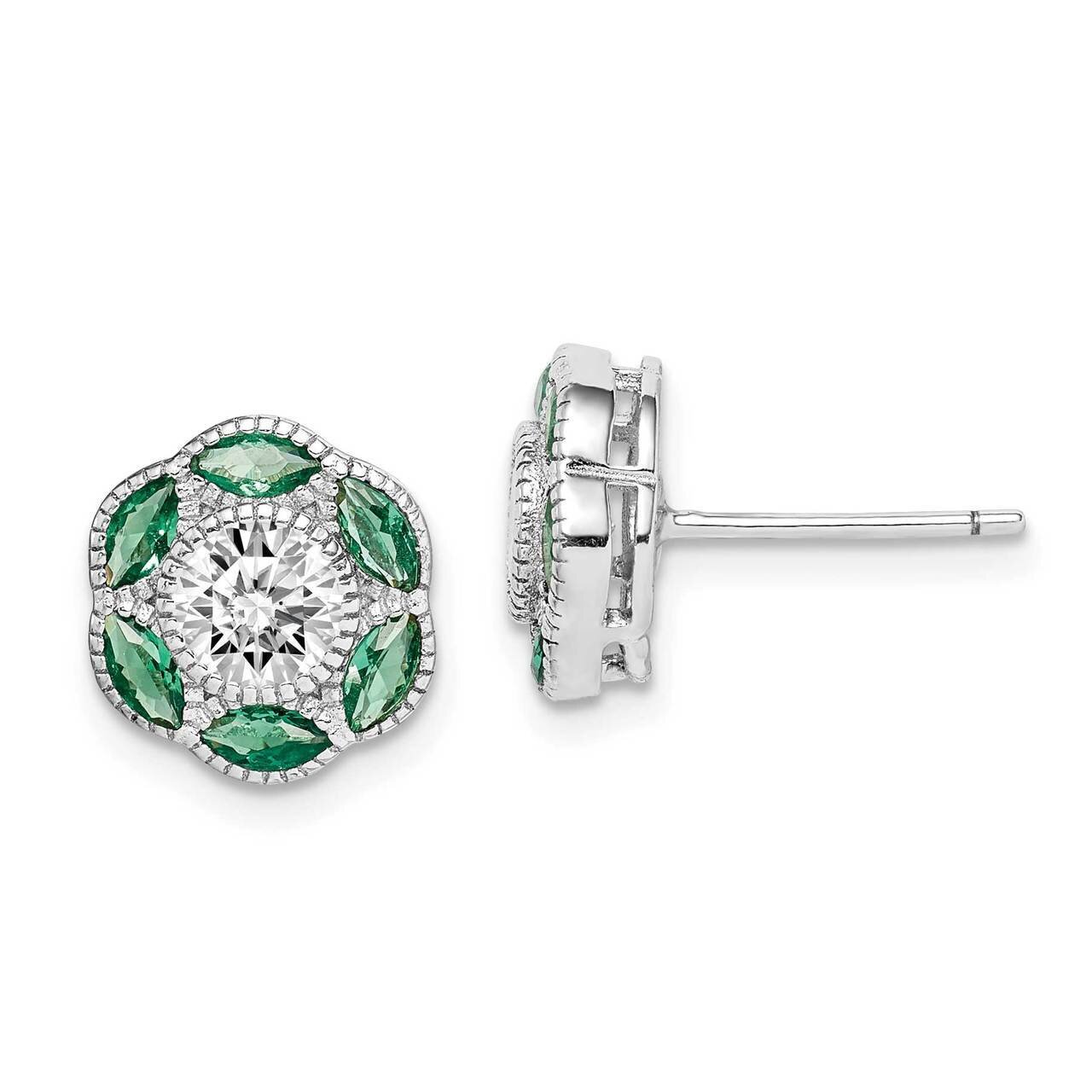 Synthetic Green Spinel & CZ Diamond Earrings Sterling Silver Rhodium-plated QE15292