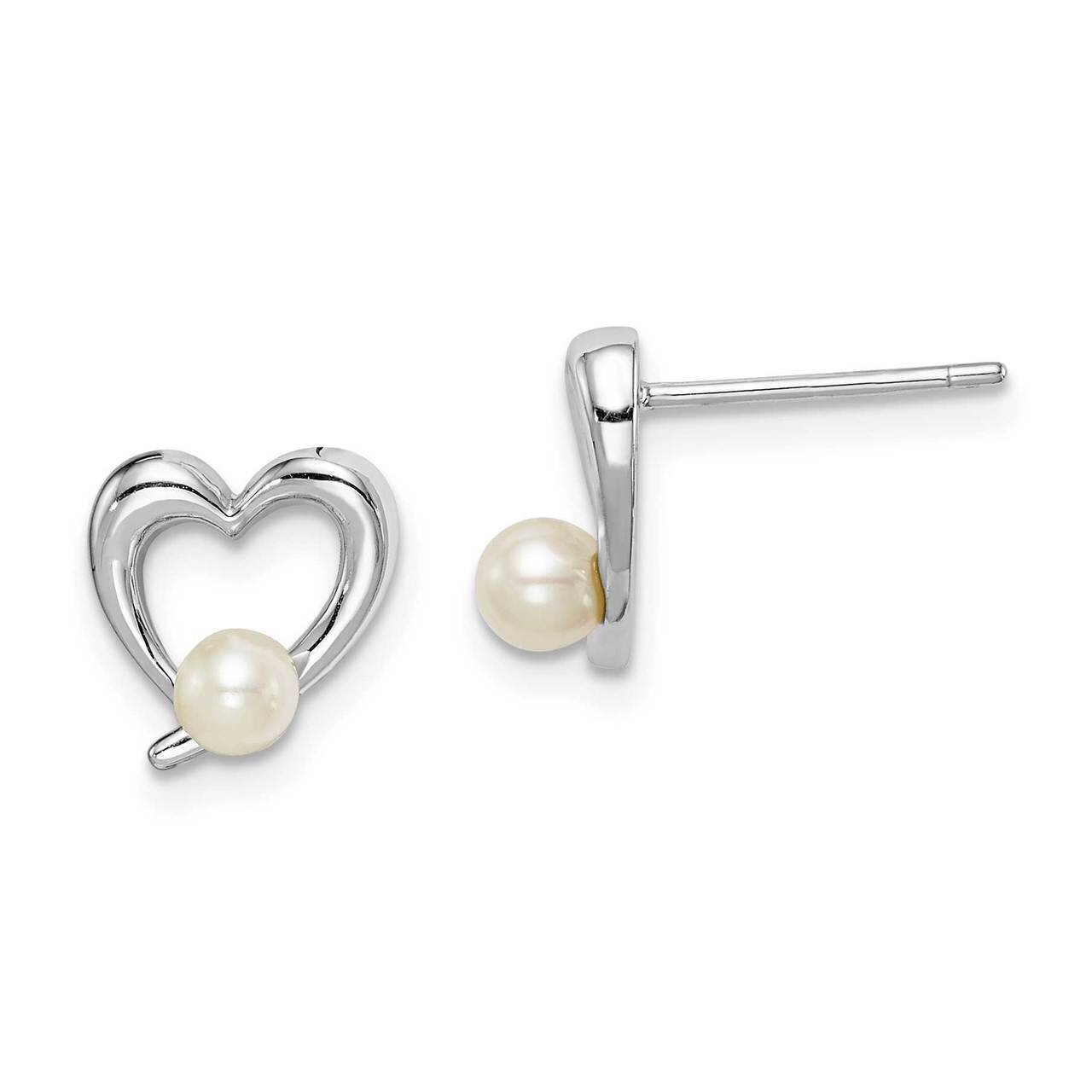 3-4mm White Round Freshwater Cultured Pearl Heart Earrings Sterling Silver Rhodium Plated QE15308