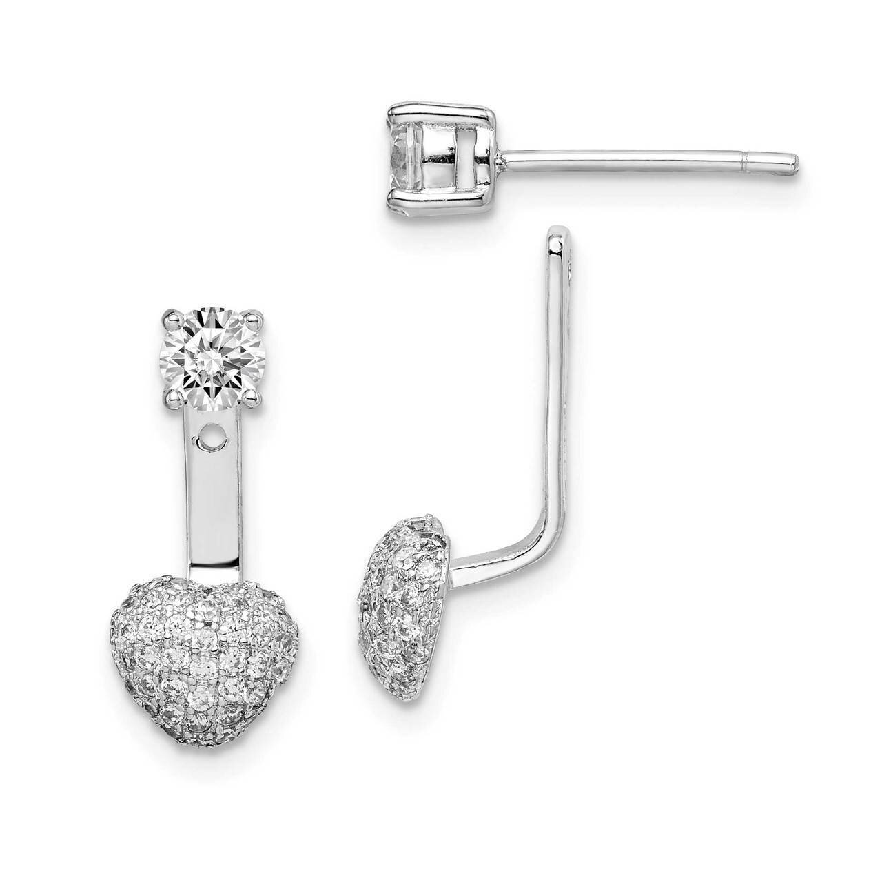 Dangle Heart Front &amp; Back Earrings Sterling Silver Rhodium Plated CZ Diamond QE15316