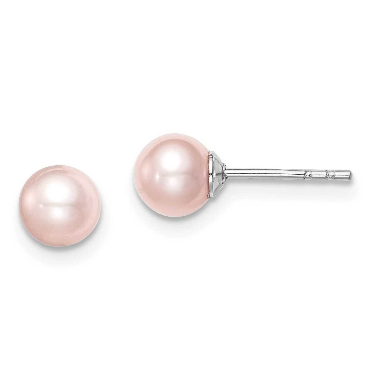 5-6mm Pink Round Freshwater Cultured Pearl Stud Earrings Sterling Silver Rhodium Plated QE15340