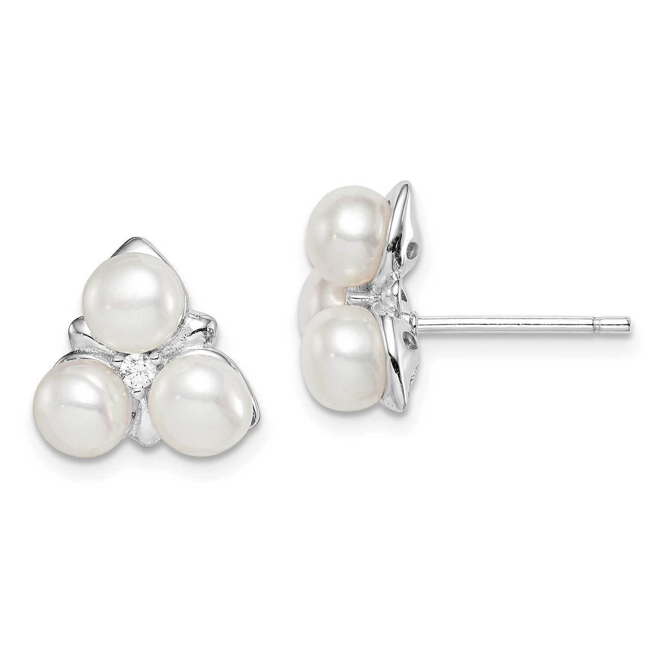White Freshwater Cultured 3-Pearl CZ Diamond Post Earrings Sterling Silver Rhodium Plated QE15343