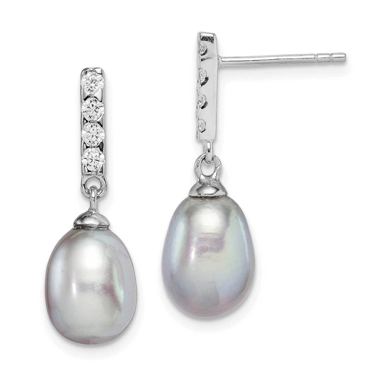 8-9mm Grey Freshwater Cultured Pearl CZ Diamond Post Dangle Earrings Sterling Silver Rhodium Plated QE15359