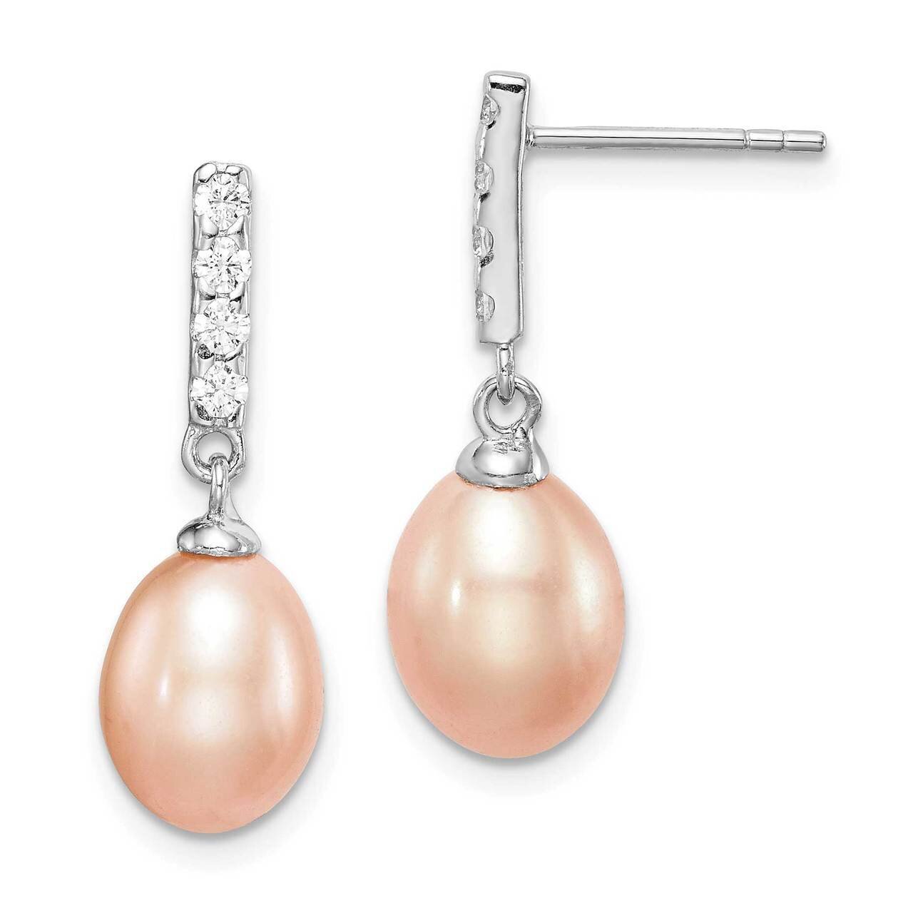 8-9mm Pink Freshwater Cultured Pearl CZ Diamond Post Dangle Earrings Sterling Silver Rhodium Plated QE15360
