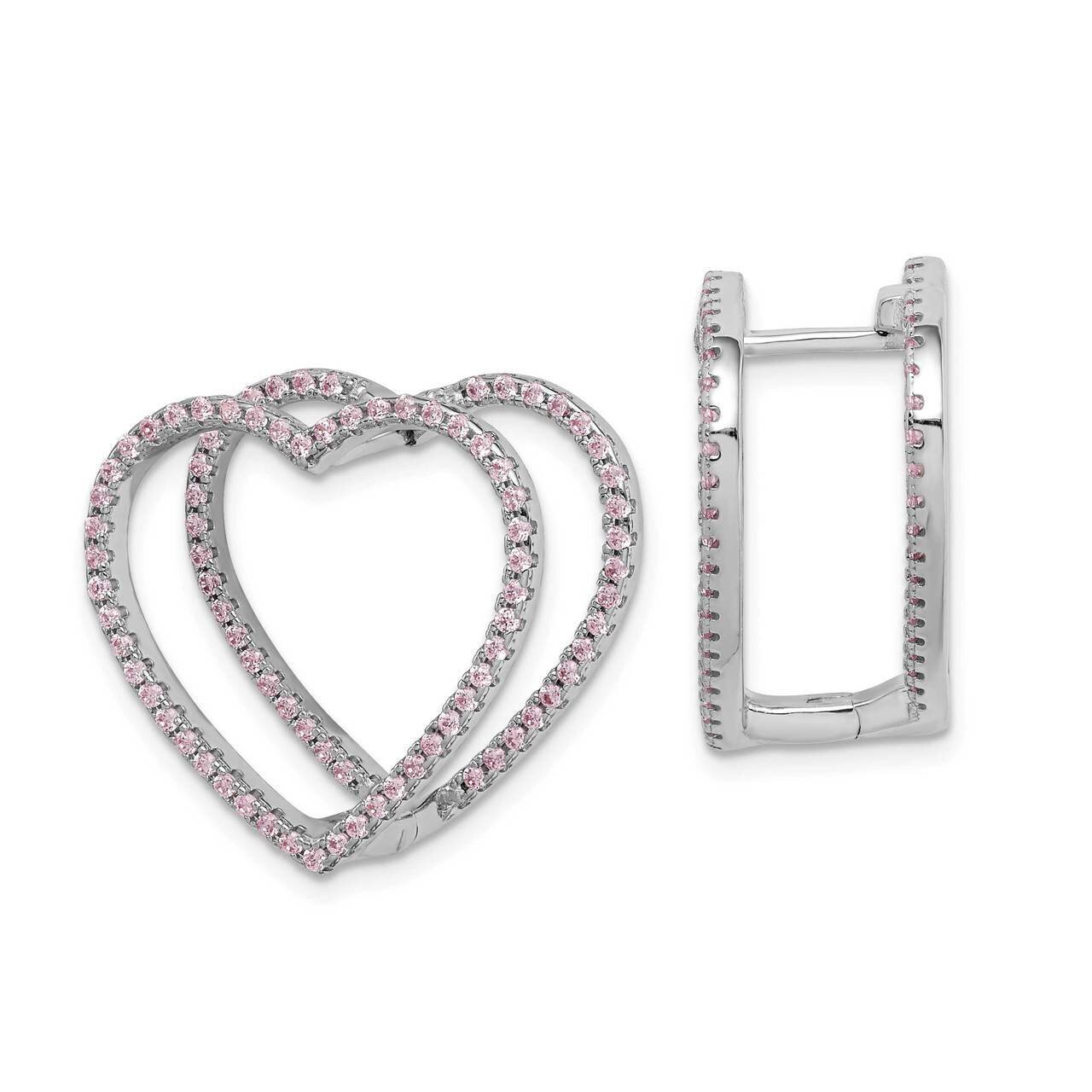 Pink CZ Diamond Heart Hinged In & Out Earrings Sterling Silver Rhodium-plated QE15372