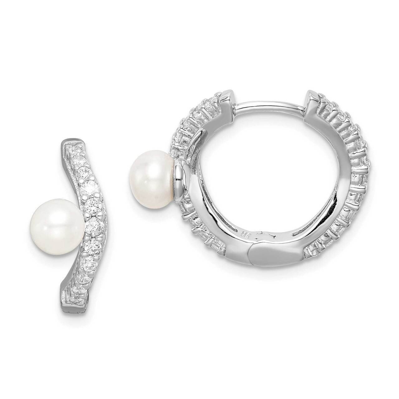 5-6mm White Button Freshwater Cultured Pearl CZ Diamond Hoop Earrings Sterling Silver Rhodium Plate…