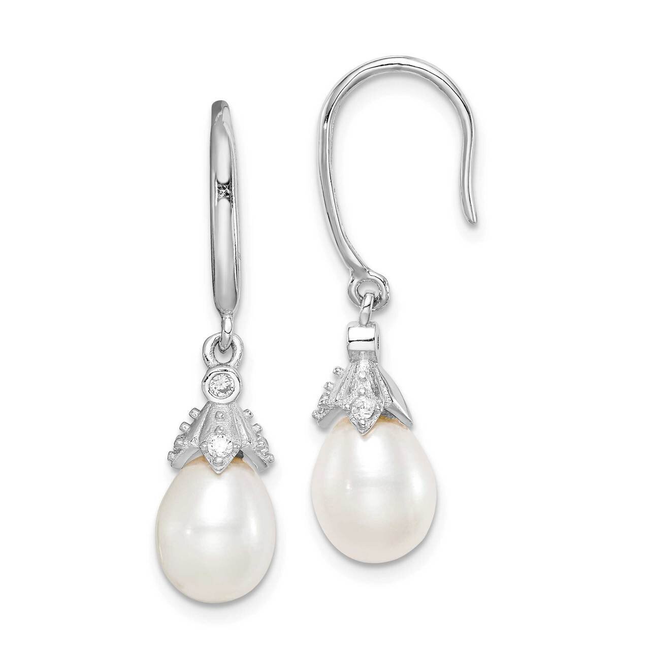 7-8mm White Rice Freshwater Cultured Pearl CZ Diamond Dangle Earrings Sterling Silver Rhodium Plate…