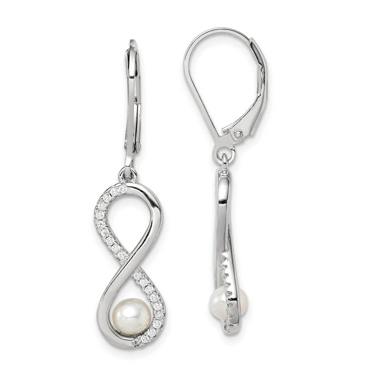 4-5mm White Round Freshwater Cultured Pearl CZ Diamond Infinity Earrings Sterling Silver Rhodium-pl…