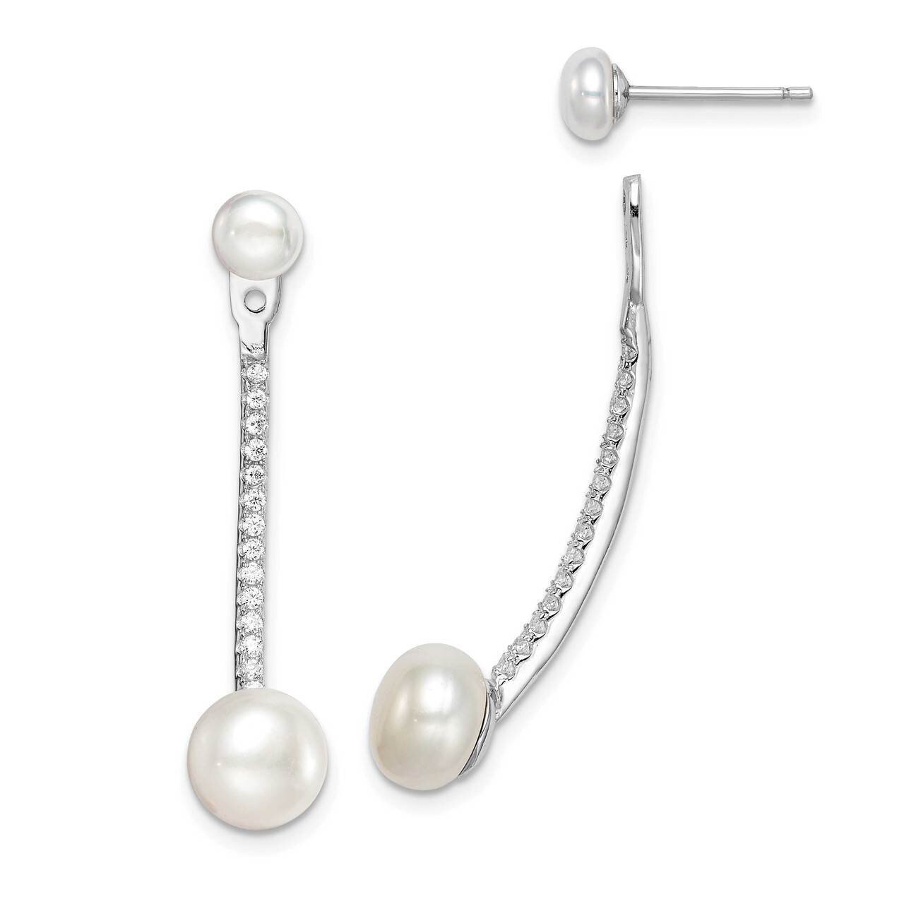 Freshwater Culturedultured Pearl &amp; CZ Diamond Bar Jacket Earrings Sterling Silver Rhodium-plated QE…