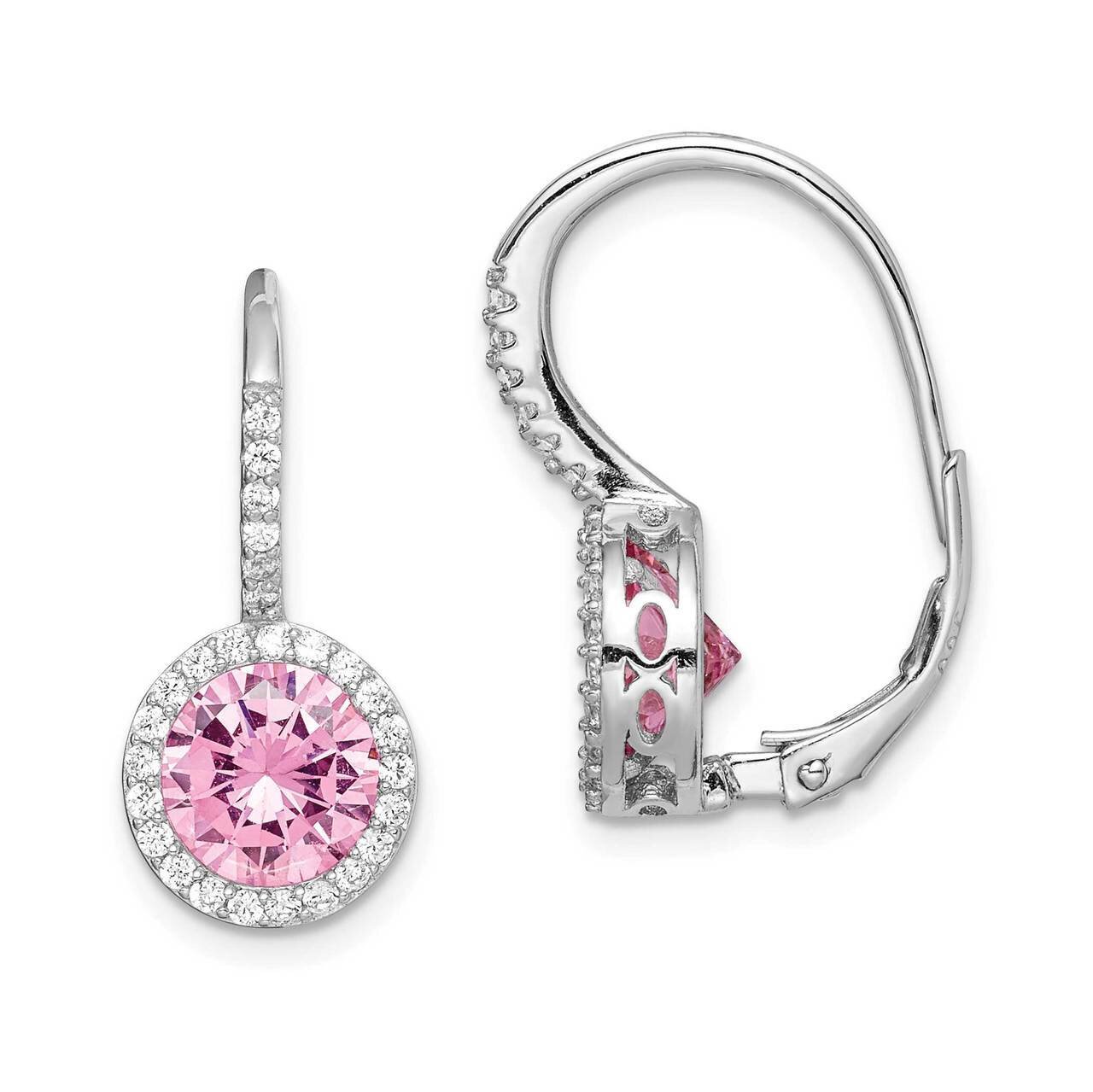 Pink & White CZ Diamond Leverback Dangle Earrings Sterling Silver Rhodium-plated QE15392