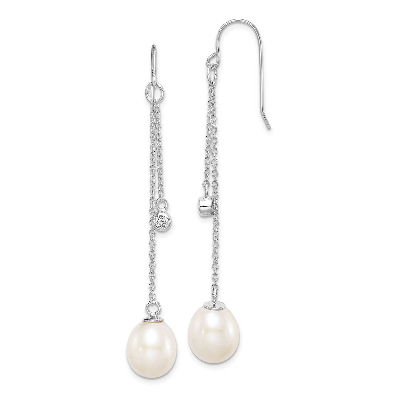 9-10mm White Rice Freshwater Cultured Pearl CZ Diamond Dangle Earrings Sterling Silver Rhodium Plated QE15396