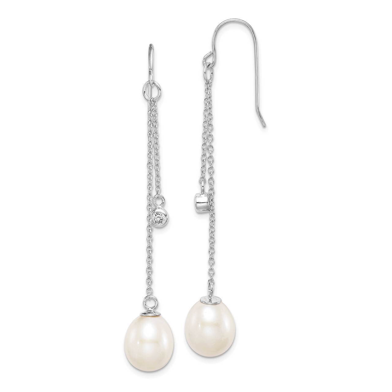 9-10mm White Rice Freshwater Cultured Pearl CZ Diamond Dangle Earrings Sterling Silver Rhodium Plat…