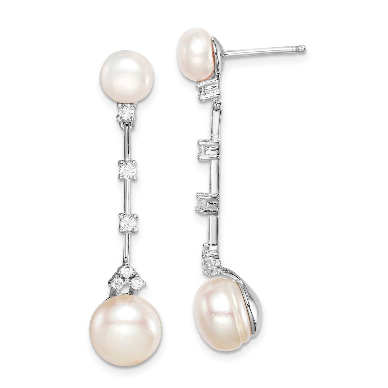 Freshwater Cultured Button Pearl Dangle Post Earring Sterling Silver Rhodium-plated CZ Diamond QE15402