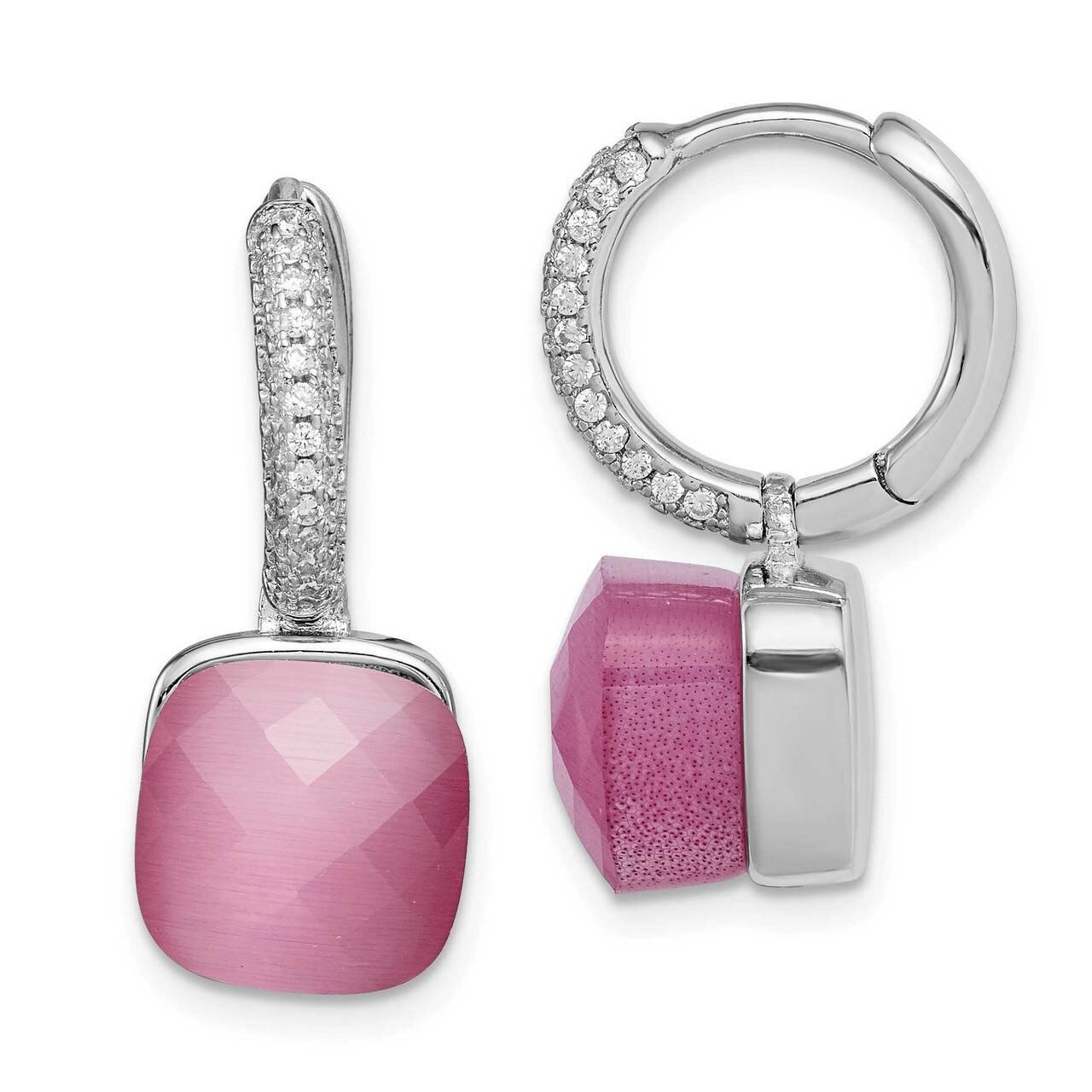 Lab Cr Pink Cat&#39;s Eye Hinged Hoop Earrings Sterling Silver Rhodium Plated CZ Diamond QE15403
