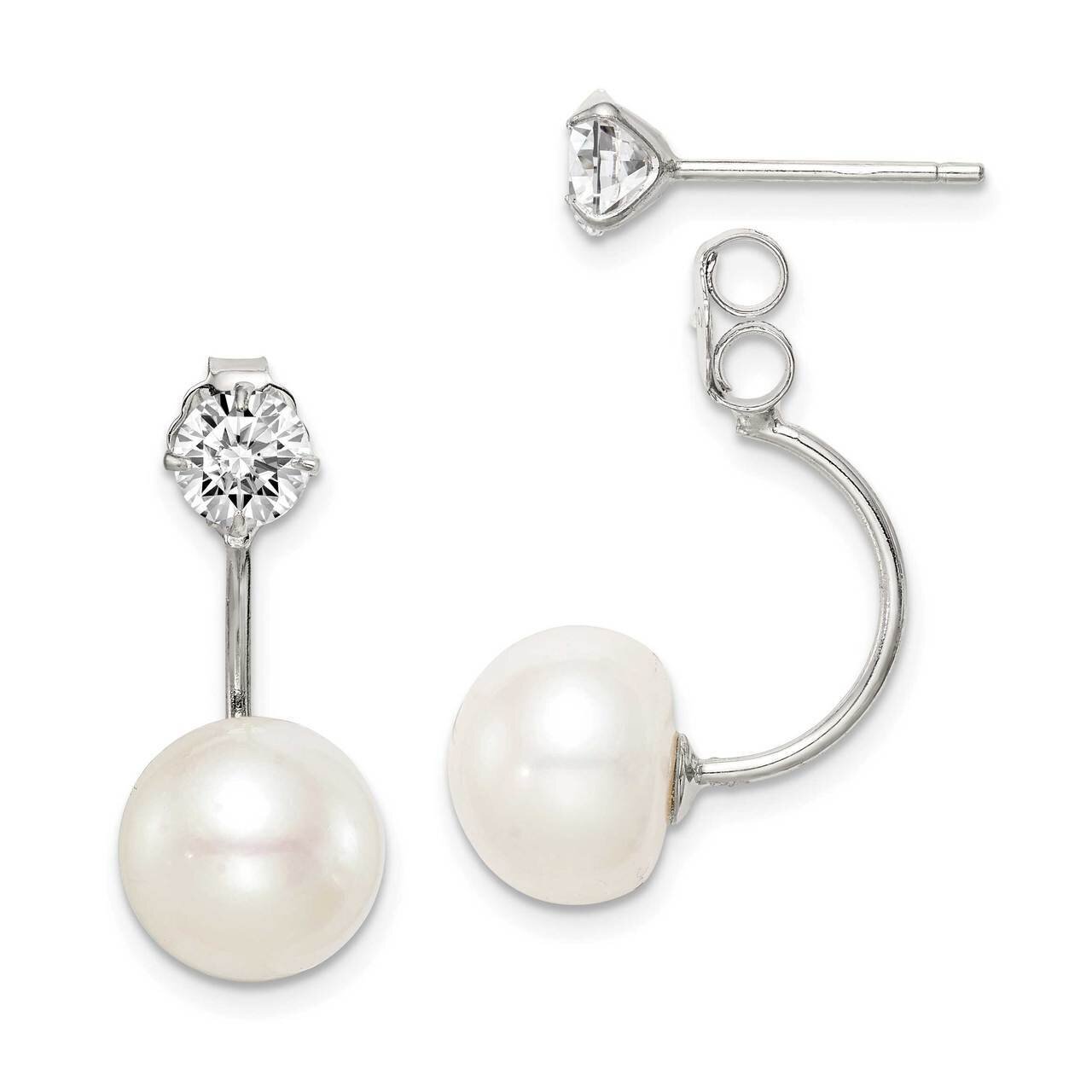 9-10mm Button Freshwater Cultured Pearl CZ Diamond Front and Back Earrings Sterling Silver Rhodium-…