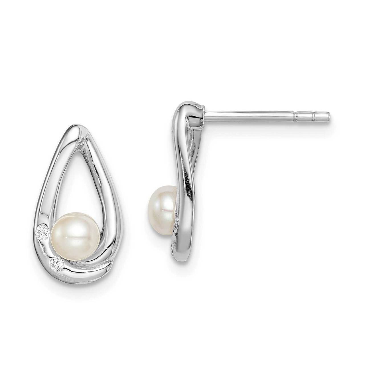 (4-5mm) Freshwater Cultured Pearl Teardrop Post Earrings Sterling Silver Rhodium-plated CZ Diamond …