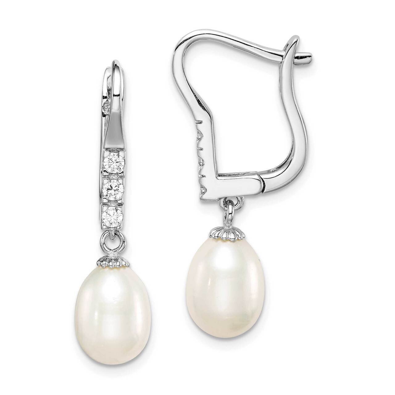 7-8mm White Rice Freshwater Cultured Pearl CZ Diamond Leverback Earrings Sterling Silver Rhodium Plated QE15416