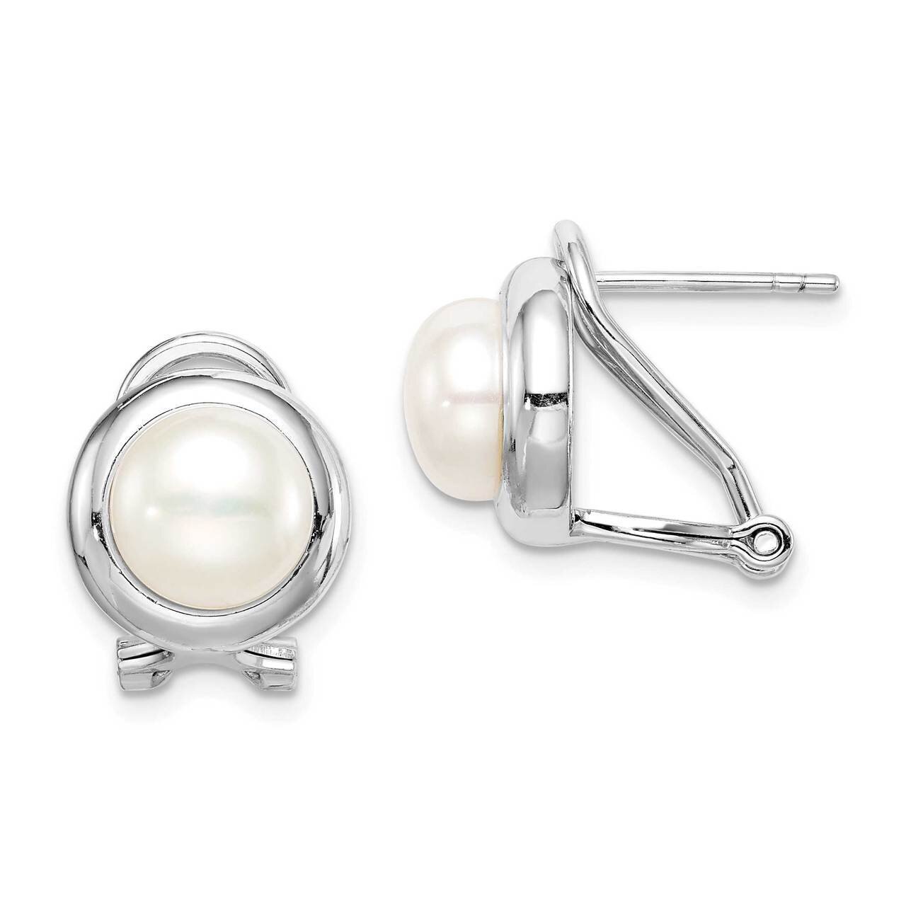 8-9mm White Button Freshwater Cultured Pearl Omega Clip Earrings Sterling Silver Rhodium Plated QE15417